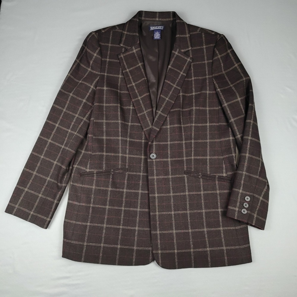 Lands' End Blazer Women 14 Wool Cashmere Brown Windowpane Plaid Equestrian